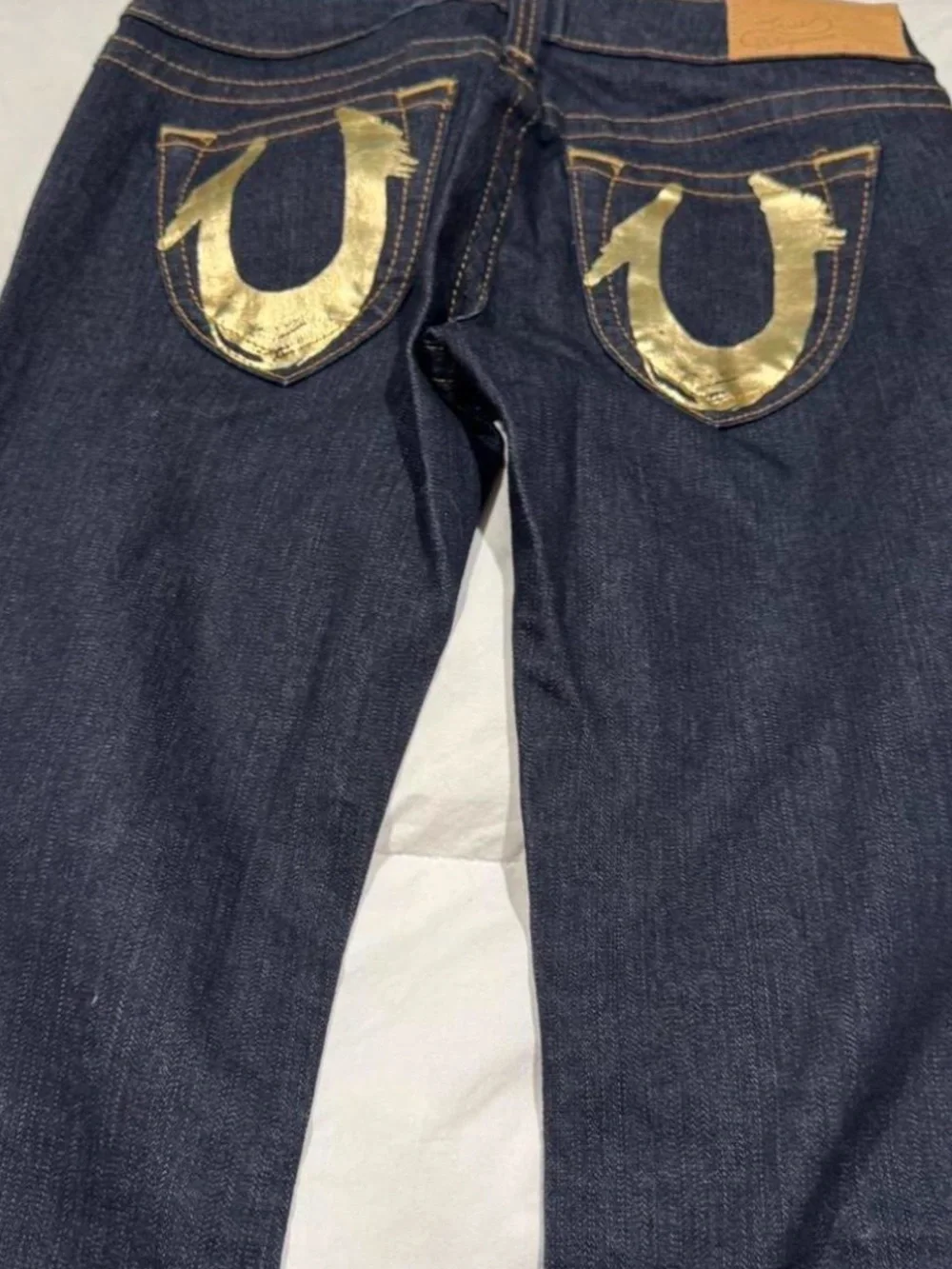 True Religion Women’s Dark Blue Bootcut Jeans with Gold Pocket Logo